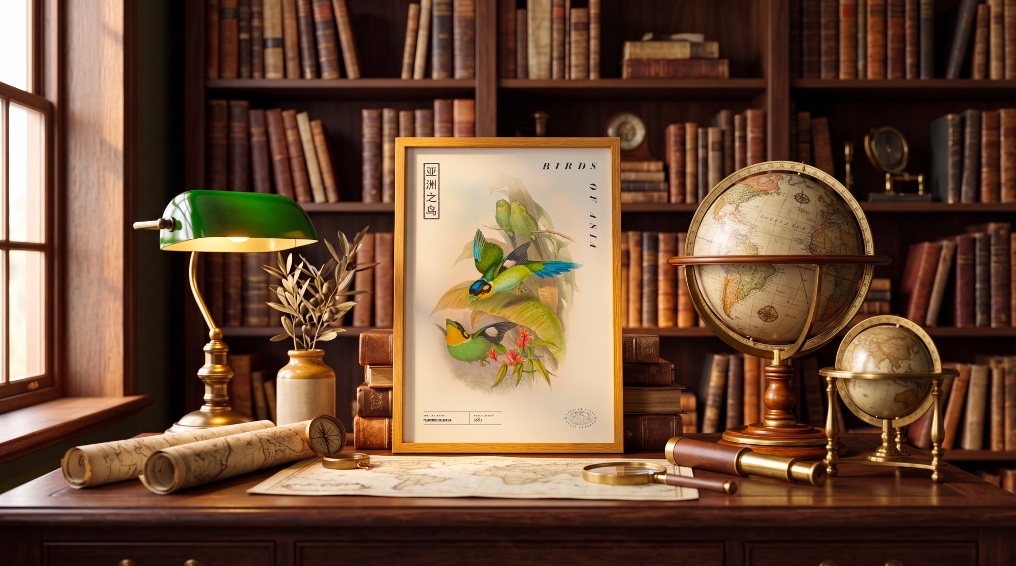 Planche Birds of Asia encadrée sur un bureau de bibliothèque ancienne, entre une lampe de banquier verte, des cartes roulées et un globe